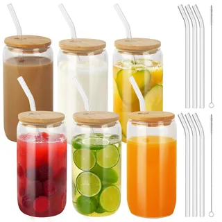 BUCOMTU 6er Set Glas mit Deckel und Strohhalm, 500 ml Trinkgläser mit deckel,Cocktailgläser Gläser Set,für Trinkgläser in Dosenform, Iced Coffee Glas, Cocktails (500ML-6 Pack)