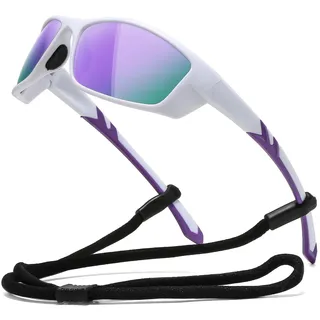 Suertree Polarisiert Sportbrille Sonnenbrille Herren Damen, Schnelle Brille, Winddichte Fahrradbrille UV400, Reitsonnenbrille Outdoor Sports Sonnenbrille, weiß+lila