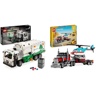 LEGO Technic Mack LR Electric Müllwagen, Müllauto-Modell für Recycling-Rollenspiele & Creator 3in1 Tieflader mit Hubschrauber, Fahrzeuge-Set mit Helikopter- und LKW-Spielzeug