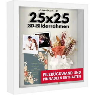 Americanflat 25x25 cm 3D-Bilderrahmen in Weiß mit weicher Leinenrückseite - Holzwerkstoff mit Poliertem Bruchsicheren Glas für Wand und Tisch