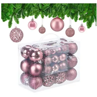 Relaxdays Weihnachtskugeln 50er Set, glitzernde, matte & glänzende Christbaumkugeln, Kunststoff, ∅ 3, 4 & 6 cm, rosa