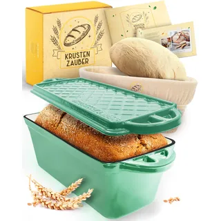 KRUSTENZAUBER Emaille Brotbackfrom mit Deckel inkl. Gärkorb - Robuste 28cm Backform aus Gusseisen - Ideal als Kastenform, Toastbrot Backform, Brotform, Gusseisen Topf Brot backen Zubehör, Brottopf