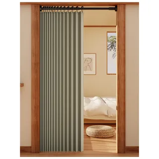 APMOE Türvorhang mit Teleskopstange, Ohne Bohren Türvorhang Kälteschutz, Raumteiler Vorhang Schallschutz Falttüren Innentüren(Grün,Rod 100-120cm/curtain 120x250cm)