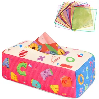 URMYWO Baby Spielzeug 6 Monate, Montessori Sensorik Tissue Box Spielzeug mit 6 Knisterpapier & 12 Bunte Schals,Kontrast,knisterspielzeug Baby ab 3 6 9 12 Monate