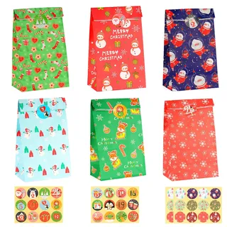 CHEPULA Papiertüten Weihnachten, Adventskalender 2025 Zum Befüllen, 24 Stück Klein Weihnachtstüten, Kinder Weihnachts Geschenktüten, Adventstüten zum Befüllen, Bunt Papier Geschenk Tüten für Xmas