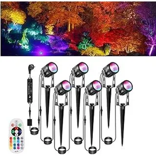 akhan RGB Gartenleuchte 21m 6er LED Gartenstrahler mit Strom Erdspieß 12V 3W 1800lm IP65 Wasserdicht Bunt