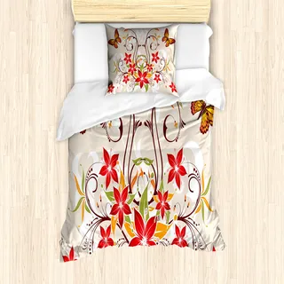 ABAKUHAUS Blumen Mantele, Blüten Bouquet Botanik, Milbensicher Allergiker geeignet mit Kissenbezügen, 135 cm x 200 cm - 80 x 80 cm, Beige, Grün, Rot - Grün