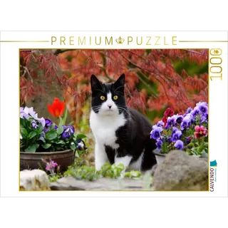Calvendo Puzzle Schwarz-weiße Katze im blühenden Garten | 1000 Teile Lege-Größe 64 x 48 cm Foto-Puzzle für glückliche Stunden