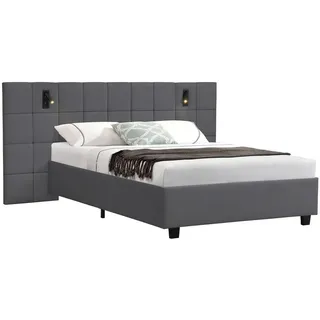 Juskys Polsterbett Luzano Dunkelgrau Samt mit Leselicht und Matratze , Holz , 140x200 cm , Schlafzimmer, Betten, Polsterbetten