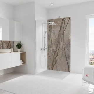 Schulte Duschrückwand Hochglanz, 100x210 cm, Wandverkleidung Stein Marmor-Kastanie, Aluminiumverbundplatte, fugenloser Fliesenersatz, EP19010213-784 - Braun