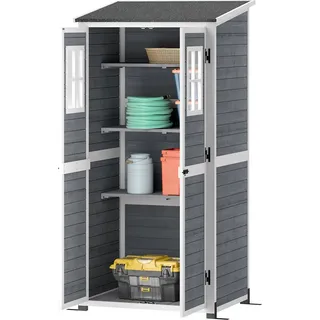 Gartenschrank Holz, Geräteschuppen mit Abschließbar Tür 2 Fenstern Bodenplatte Asphalt-Pultdach Ablage 91x69x192cm, wetterfest Geräteschrank, Gerätehaus für Garten, Terrasse, Hellgrau | - Hellgrau