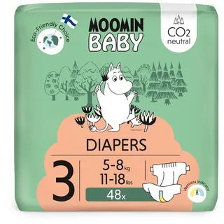 Moomin Baby Öko Windeln Größe 3, 5-8 kg 48 Stück, Weiche Premium Windeln | Weich und hautfreundlich, Atmungsaktiv, Saugfähig, Keine unnötigen Chemikalien |