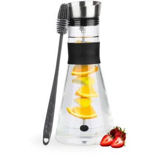 Belle Vous Glaskaraffe mit Deckel & Fruchtspießeinsatz - 1,4L Wasserkaraffe mit Edelstahldeckel & Reinigungsbürste - Für Wasser & Saft - Karaffe Glas mit Deckel - Wasserkrug
