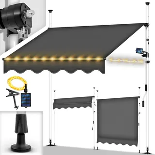tillvex Klemmmarkise 200 cm Grau mit Solar LED mit Handkurbel Balkon | Balkonmarkise ohne Bohren | Markise UV-beständig & höhenverstellbar | Sonnenschutz wasserdicht - Grau