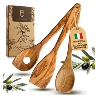 GOLDENBERG® Premium Pfannenwender - Made in Europe - feinstes Olivenholz aus Italien - robust, langlebig & antibakteriell - Holzschaber - Pfannenwender Holz (Natur, Kochlöffel Set)