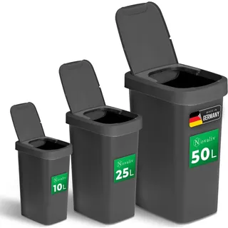 Novaliv Mülleimer-Set 10L + 25L + 50L, Abfalleimer mit 2in1 Deckel, Klappdeckel & Schwingdeckel, Anti-Geruch Mülleimer für Küche Haushalt Büro, Müll Eimer Abfall Kunststoff Abfallbehälter
