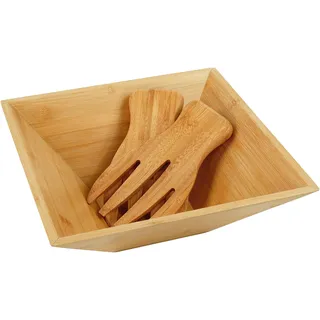 Relaxdays Salatschüssel, Bambus, Salatbesteck, Salat, Obst, Snacks, HxBxT: 10x28x28 cm, eckige Servierschüssel, natur