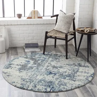 Livabliss Moroni Wohnzimmer modern – Abstrakt Design in Marmor Optik für Wohnzimmer 160 cm Rund, Esszimmer, Schlafzimmer – Marmor Look, weicher Kurzflor in Silber, Blau, Grau