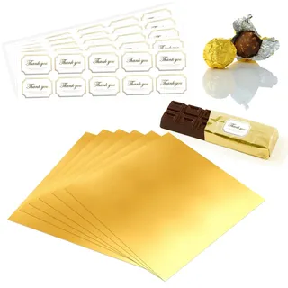 100 Stück Goldene Aluminiumfolie Schokolade, 15x15cm Quadratisch Goldfolie Bonbonpapier mit 100 Aufklebern, Schokoladen Verpackung Gold Alufolie für DIY Dekoration und Aufbewahrung von Handgefertigte
