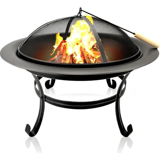 BBQ Collection Feuerschale mit Funkenschutz - Feuerkorb 77 x 17 x 76 cm - Terrassenofen mit Griffen und Schürhaken - Gartenkamin für Brennholz - Deko Terrasse - Kohlenstoffstahl