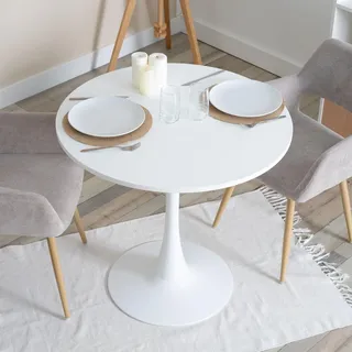 MEUBLE Cosy Runder Esstisch für 2-4 Personen Klein Tisch Küchentisch Esszimmertisch aus Trompetenförmigen Beine, 80x80x75cm, Weiß