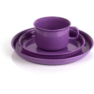 Frühstücksset bestehend aus Tasse, Untertasse und Teller violett Mehrweg, Kunststoff, Kaffeegeschirr Kindergeschirr Kunststoffgeschirr Plastikgeschirr Camping, Picknick, Outdoor