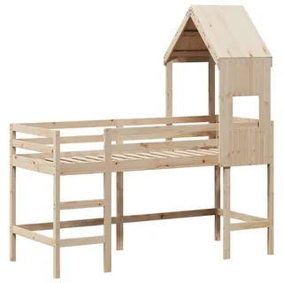 Hochbett mit Leiter und Dach 90x190 cm Massivholz Kiefer - Braun, Bunt