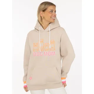 Hoodie ZWILLINGSHERZ "Dog Mom & Friends", Damen, Gr. S/M, hellbeige, Sweatware, Obermaterial: 50% Baumwolle, 50% Polyester, comfort fit hüftlang, ohne Ausschnitt, angesetztes Bündchen, Sweatshirts Hoodie, gestickte Hunde, Statement Schriftzug, Kapuze