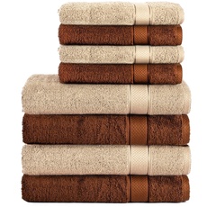 Bild 8er Handtuch Set aus 100% Baumwolle, 4 Badetücher 70x140 und 4 Handtücher 50x100 cm, Frottee, Weich, Towel Groß, Braun/Beige