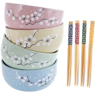 4er-Set 4 Kirschblüten-Schalen ⌀ 10,5 cm – Müslischalen, Reisschüsseln, Suppenschalen – Mit Essstäbchen – Japanische Asiatische – Poke Bowl Japan China – Geschirr Geschenkset