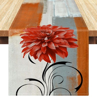 Tischläufer Modern Luxuriös Blume Orange Grau Leinen Tischläufer Weihnachten Abstrakte Kunst Malerei Waschbare Tischdecke für Tischwäsche Esstisch Party Hochzeit Bauernhaus 40 x 140 cm