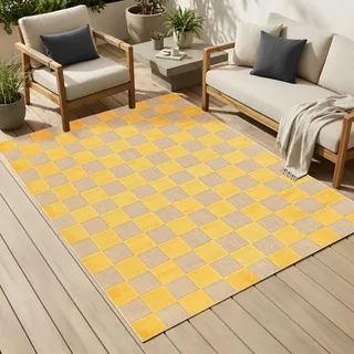 TAPISO Checker Outdoor Teppich Gelb Kariert Wetterfest 160 x 220 cm | Balkon Garten Terrasse Camping - Waschbar UV-beständig Strapazierfähig Outdoorteppich Balkonteppich Indoor Flachgewebe