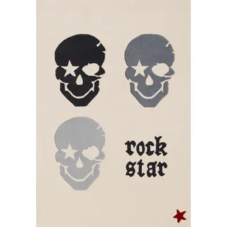 Rock STAR Baby Kinderteppich »RN2383-2«, rechteckig, 15 mm Höhe, handgearbeiteter Konturenschnitt, 80% Wollanteil, Motiv Totenkopf, beige