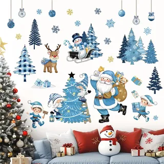 decalmile Blau Weihnachten Fenster Wandtattoo Weihnachtsman Wandaufkleber Weihnachtsbaum Gnome Schneemann Goldene Schneeflocken Wandsticker Kinderzimmer Weihnachten Party Weihnachtsdeko