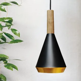 ouglres Pendelleuchte Metall Schwarz Gold,Einflammig Vintage Holz Hängelampe Höhenverstellbar,Kücheninsel Hängeleuchte Industrial E27 Für Esstisch Schlafzimmer Flur Wohnzimmer Bar Restaurant Cafe