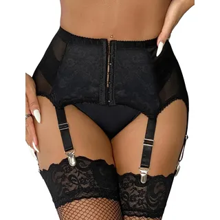 ohyeahlady Strapshalter mit Metallclips für Damen Sexy Strumpfhalter Spitze Strapsgürtel mit 6 Halter Strapsen Dessous Set Große Größen Strumfband Strapsen Halter Strumpfgürtel Schwarz,XS-S