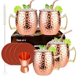 LIVEHITOP Moscow Mule Kupferbecher Set mit 4 Stück, 19.5 Unzen Kupferbecher mit 4 Untersetzern, 4 Strohhalmen, Jigger & Strohbürste, Sein & Ihr Geschenk für Zuhause, Bar, Party