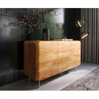 Sideboard Shavani 145 cm Akazie Natur 2 Türen 3 Schubladen Fuß Oval Edelstahl