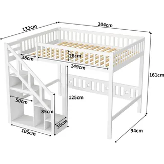 Halbhochbett für Kinder - Etagenbett 90x200 cm - Massivholz - Mit Treppe und Stauraum - Absturzsicherung - Hochbett fürs Kinderzimmer