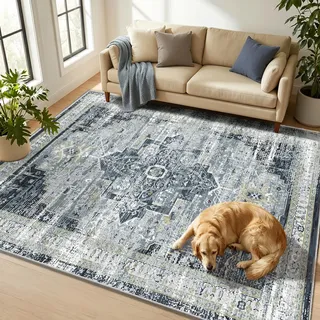 WUTONG Teppich 120x170 cm Orientalisch Vintage, Wohnzimmerteppich Hellblau | Rutschfest & Waschbar, Weiche Kaschmir-Haptik, Moderner Kurzflor für Schlafzimmer – ideal für Wohn- & Esszimmer