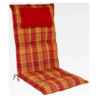 Hochlehner-Auflage Classic Rot Orange kariert 120 x 50 x 8 cm für Gartenstuhl, mit Kopfpolster, waschbar und pflegeleicht - Rot, Orange
