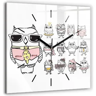 Wallfluent Große Wanduhr – Stilles Quarzuhrwerk - Uhr Dekoration Wohnzimmer Schlafzimmer Küche - Zifferblatt mit Striche - schwarze Zeiger - 60x60 cm - Vintage-Poster mit Eulen - Weiß
