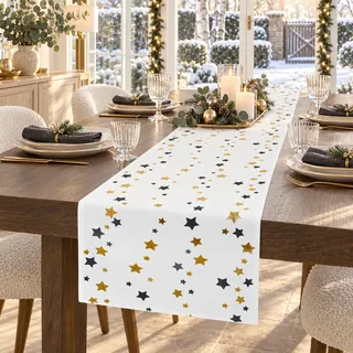 KAMACA XL Tischläufer 30x180 cm Sterne Gold Anthrazit Weihnachten Winter | Festlicher XL Tischläufer mit Sternen in Gold und Anthrazit, 30 x 180 cm, 100 % Polyester, formstabil und waschbar bei 40 °C