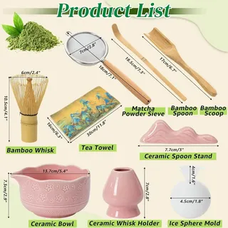 Matcha Tee Set - 9-teiliges Teezeremonie Set - Kirschblüten Schale mit Bambusbesen, Löffel, Sieb, Besenhalter, Tuch - Keramik - Rosa - Rosa