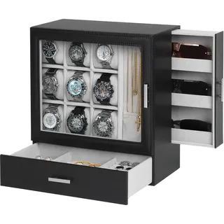 9-Fach Vertikale Schmuckaufbewahrung Uhrenbox mit Kettenhalter, Hochwertige Schmuckkasten für Herren Schmuckschatulle, KlarerDeckel, Schmuckbox für Sonnenbrillen, Vatertagsgeschenk,Geschenk für Männer