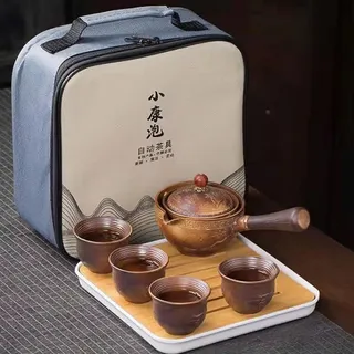 Scizorito Keramik Portable Travel Tee Set, chinesischer Kungfu Tee Set mit 360-Rotation Teekanne und Infuser, 4-Teetassen, Tee Tablett und Reisetasche (Drachenmuster)