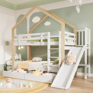 Flieks Etagenbett mit Rausfallschutz, Kinderbett mit Rutsche und Leiter, Hochbett mit 2 Schubladen, Hausbett Massivholzbett Stockbett 90x200cm, Weiß - Weiß