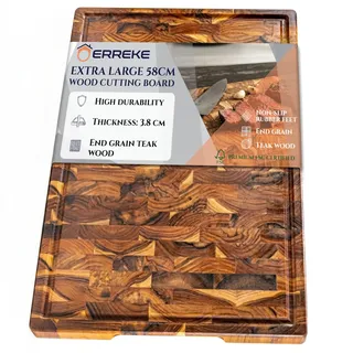 Erreke Schneidebrett Holz, End Grain Teakholz 58x38x3.8 cm, Holzbrett Küche mit Auffangschale, Anti-Rutsch-Füße, Schneidebrett Holz Gross Hirnholz Servieren Käse Brot Hackbretter