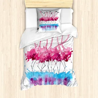 ABAKUHAUS Flamingo Bettbezug Set für Einzelbetten, Tropische Aquarell Vogel, Milbensicher Allergiker geeignet mit Kissenbezug, Weiß Hellrosa Dunkles Himmel Blau - Weiß