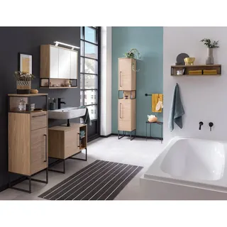 Badmöbel Komplett Set in Eiche hell Nb. LIMOGES-80 LED Spiegelschrank - Braun